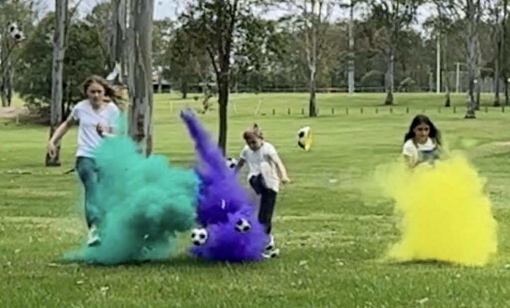 Kids Gender Reveal Soccer Gender Reveal with Yellow, Purple and Green Holi Powder