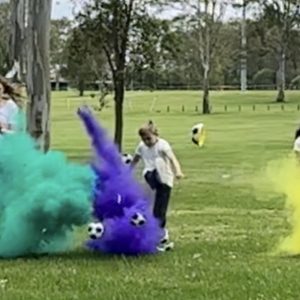 Kids Gender Reveal Soccer Gender Reveal with Yellow, Purple and Green Holi Powder