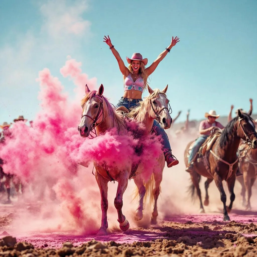 Pink holi powder gender reveal horse rodeo