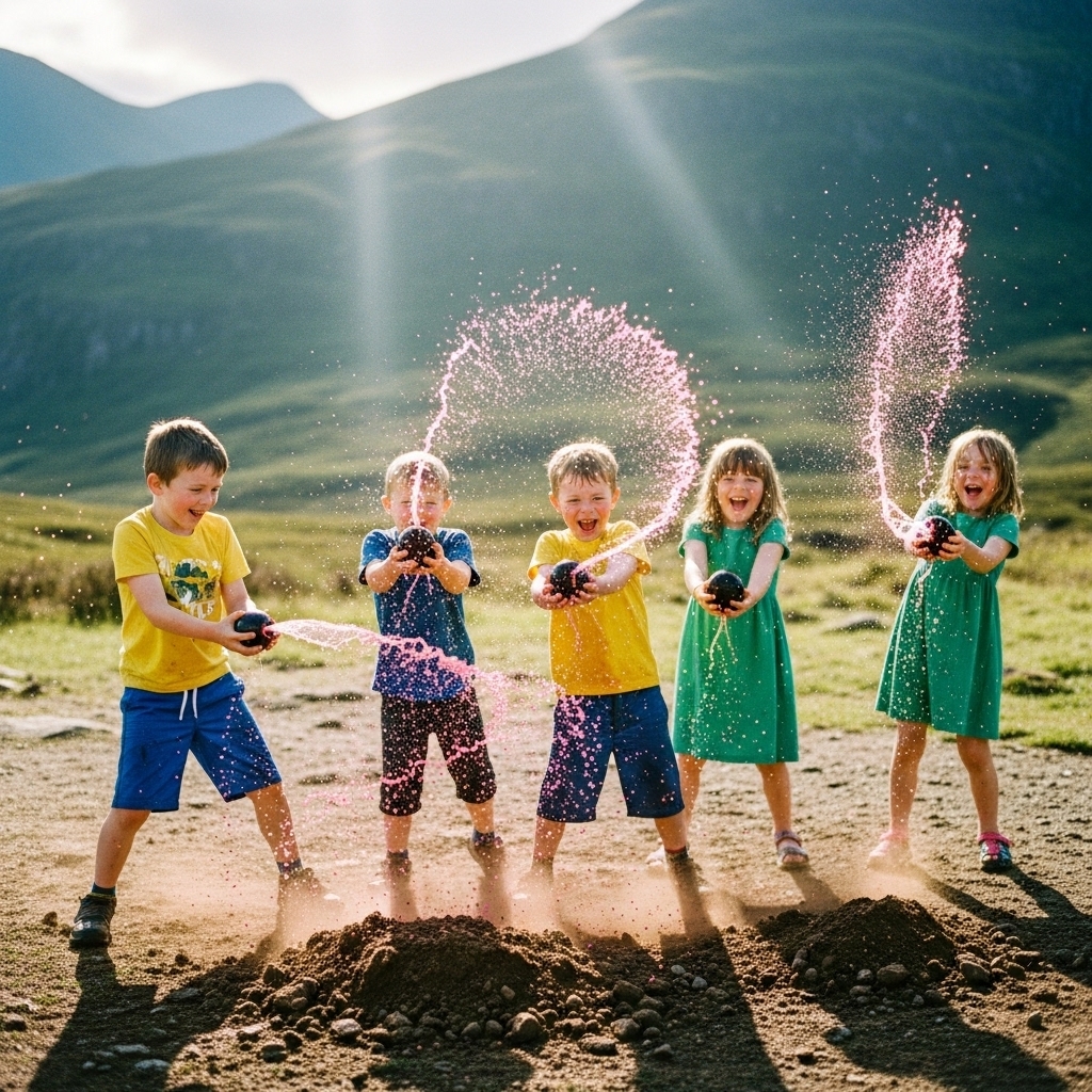 Kids outdoor gender reveal with black water balloons